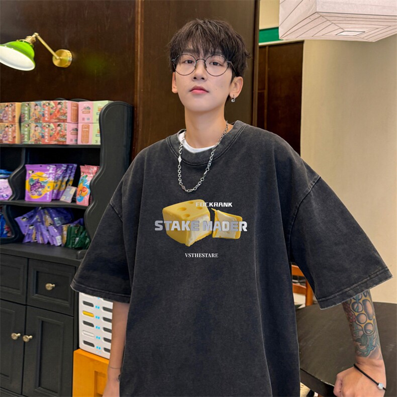 量大优供视频240g重磅美式炒雪花水洗做旧短袖t恤STX543-特P25,男装T恤,电商B371