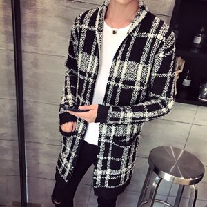 8475 2021秋冬新款无扣中长款开衫男 格子毛衣针织衫 P100 黑色图片