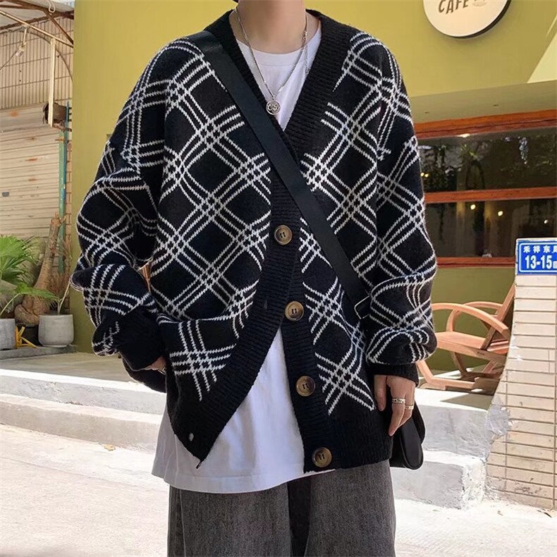 美式复古格纹开衫毛衣男秋季潮牌日系慵懒风宽松情侣款针织衫上衣,男装针织衫/毛衣,星座1116-2