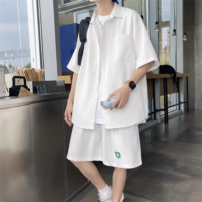 ~夏季冰丝华夫格短袖衬衫宽松潮牌短裤套装3546P70,男装衬衫,电商A309
