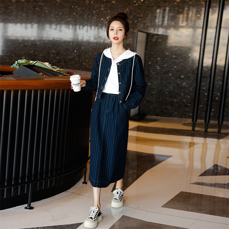 时尚显瘦牛仔套装女春季新款韩版气质百搭两件套裙子小香风外套,女装套装/套裙,秋水欣儿