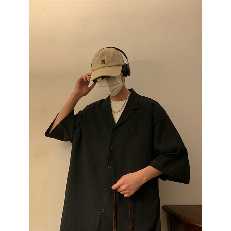 C6026/P35夏款港风弹力短袖衬衣宽松大码开衩衬衫男,男装衬衫,电商A141