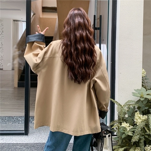 PU皮翻领卡其色风衣外套女春秋2025新款小个子大衣英伦风流行爆款图片