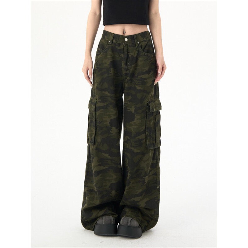 2400-P65迷彩休闲工装裤女春季高腰宽松阔腿裤设计感拖地长裤，女装休闲裤，电商A306A