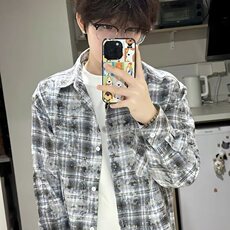 新款流行灰色扎染格子衬衫男夏季原宿气质慵懒文艺insCS38，男装衬衫，星座1116A（原606A-3）