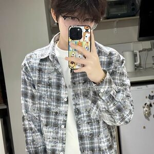 新款流行灰色扎染格子衬衫男夏季原宿气质慵懒文艺ins CS38图片