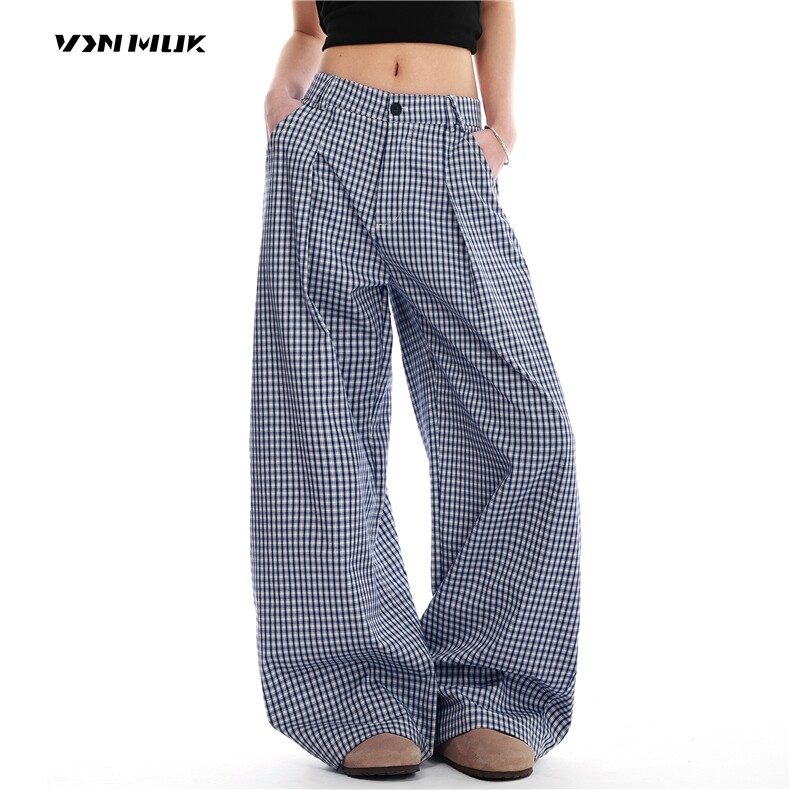 VINMUK蓝色格纹休闲裤美式垂感长裤子夏男女阔腿拖地裤K6475-P46,男装休闲裤,星座412-3