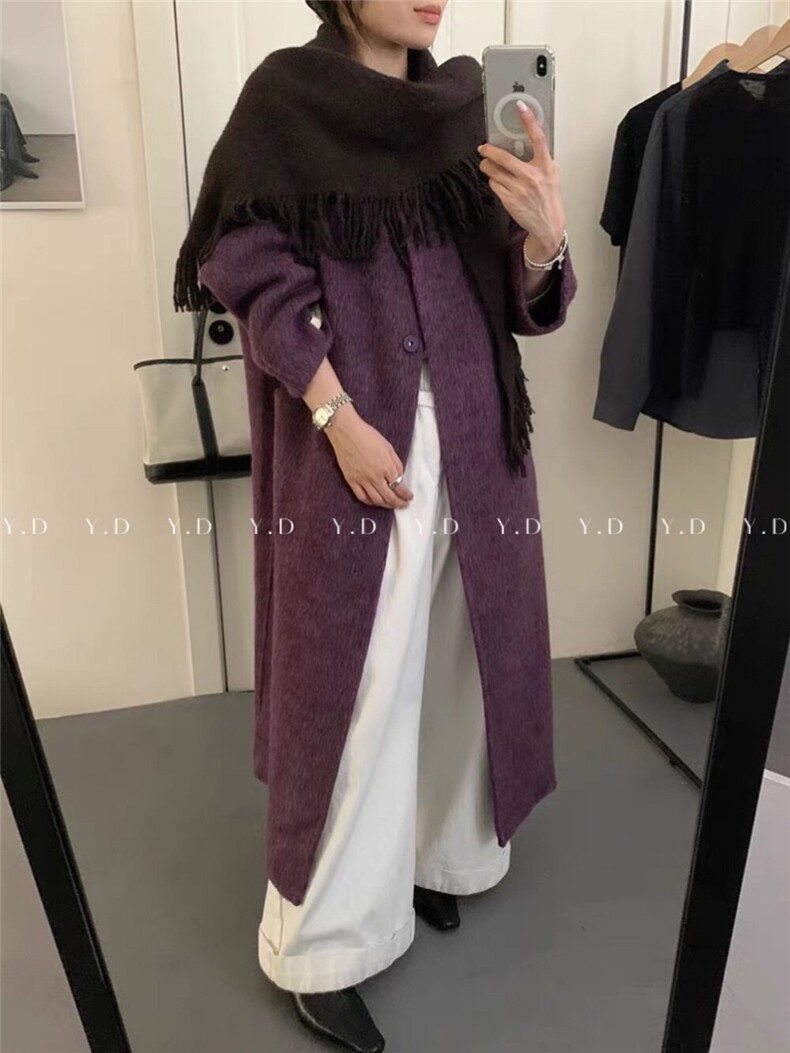 【依嘟】2025冬新款宽松休闲中长款羊毛外套(配围巾)（含1，女装双面呢大衣，依嘟服饰