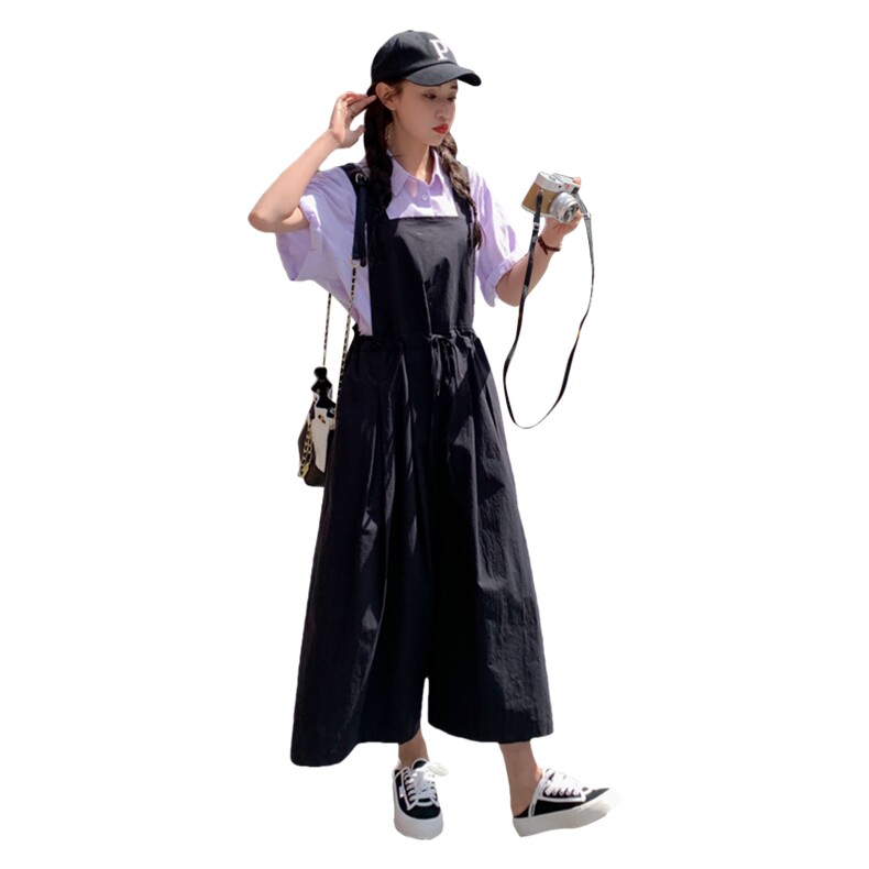 小众设计感纯色连体裙裤韩版休闲宽松收腰阔腿九分裤工装背带裤女,女装连体裤,辉之琳