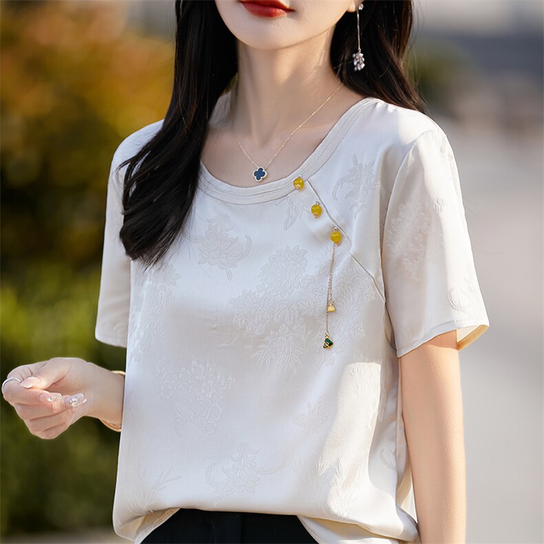 新中式国风短袖T恤女2025夏季圆领缎面提花衬衫上衣气质显瘦t恤衫,女装T恤,佳绒高端店
