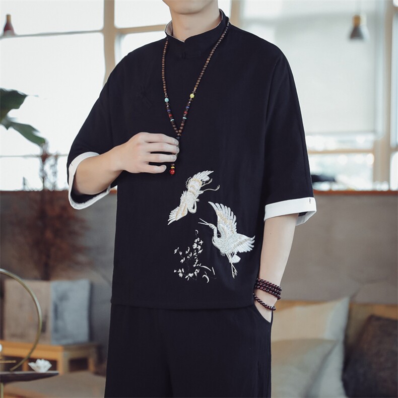 夏季套装男士开衫两件套风复古唐装名族风T恤A334-TZ113-P65,男装民族服装,电商B339(原A334）