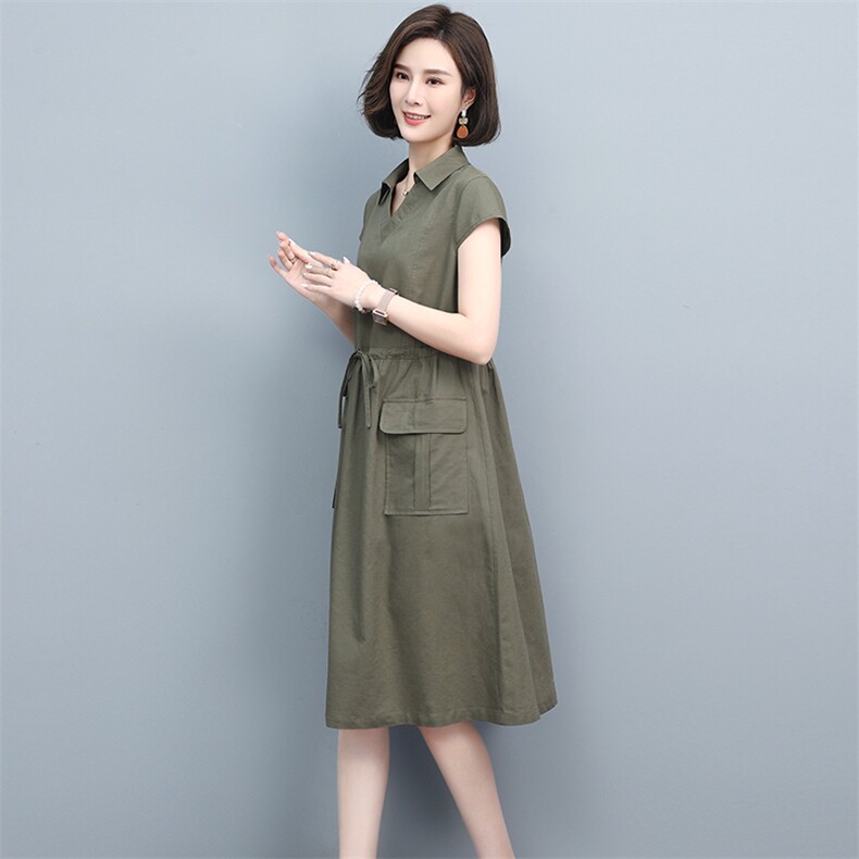 2022夏季新款时尚宽松显瘦舒适气质小V领设计修身连衣裙,女装连衣裙,忆绮罗