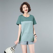 2021夏款大码女装格子拼接上衣3201款，女装大码女装，秋牧寒烟