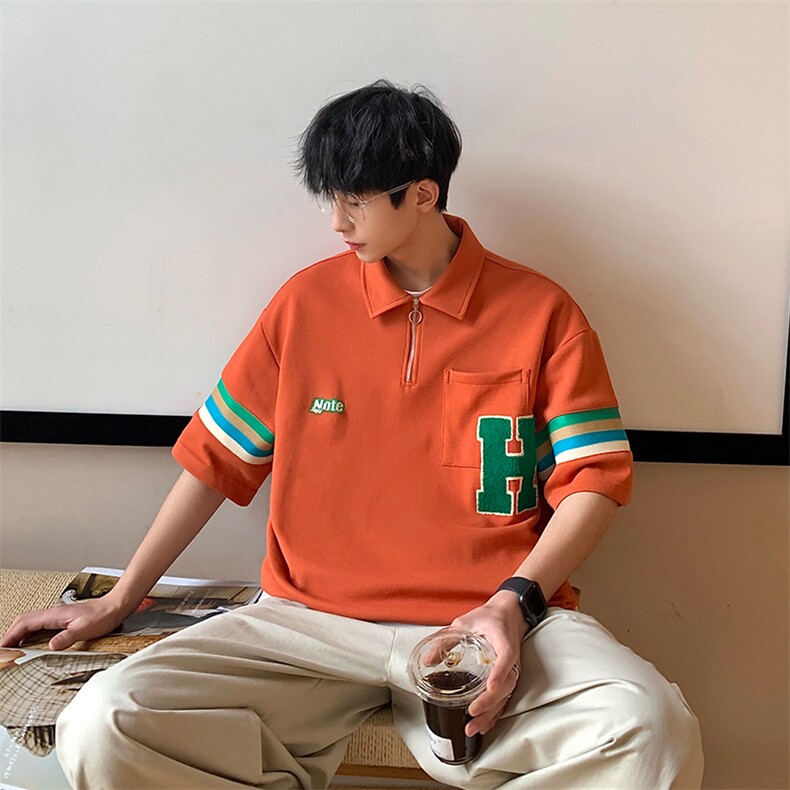 2024夏新款港风撞色印花宽松显瘦短袖T恤上衣POLO衫T2228-P58,男装T恤,星座914-3