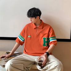 2024夏新款港风撞色印花宽松显瘦短袖T恤上衣POLO衫T2228-P58，男装T恤，星座914-3