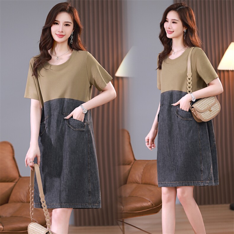 2025年夏季新款潮假两件中长款拼接牛仔裙，女装牛仔裙，简韵佳