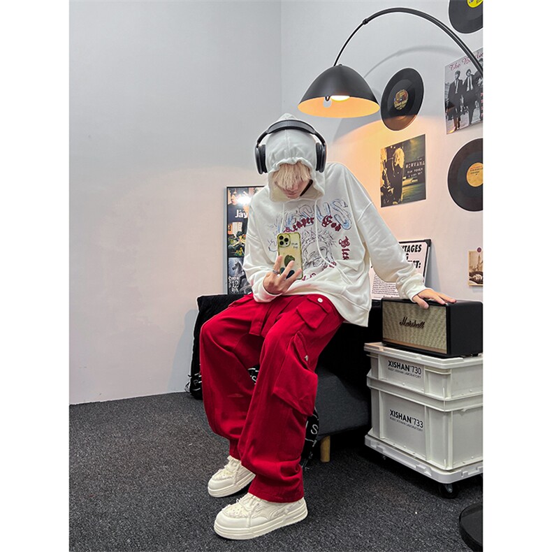 美式ins高街hiphop宽松直筒多口袋工装裤纽扣装饰货号k646P65,男装休闲裤,电商A063