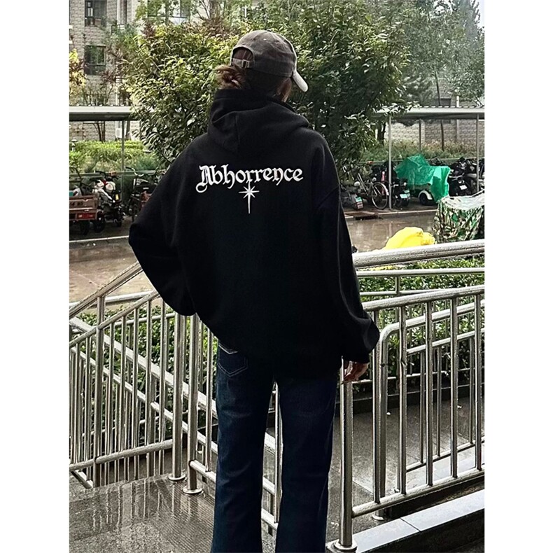 华棉 下坠星星歌特标语刺绣连帽卫衣男女 A1063-常规P50 加绒P55图片