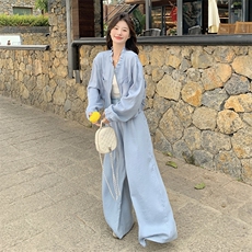 蓝色休闲套装女2025春季新款韩系甜美减龄木耳边外套阔腿裤两件套，女装套装/套裙，2C301