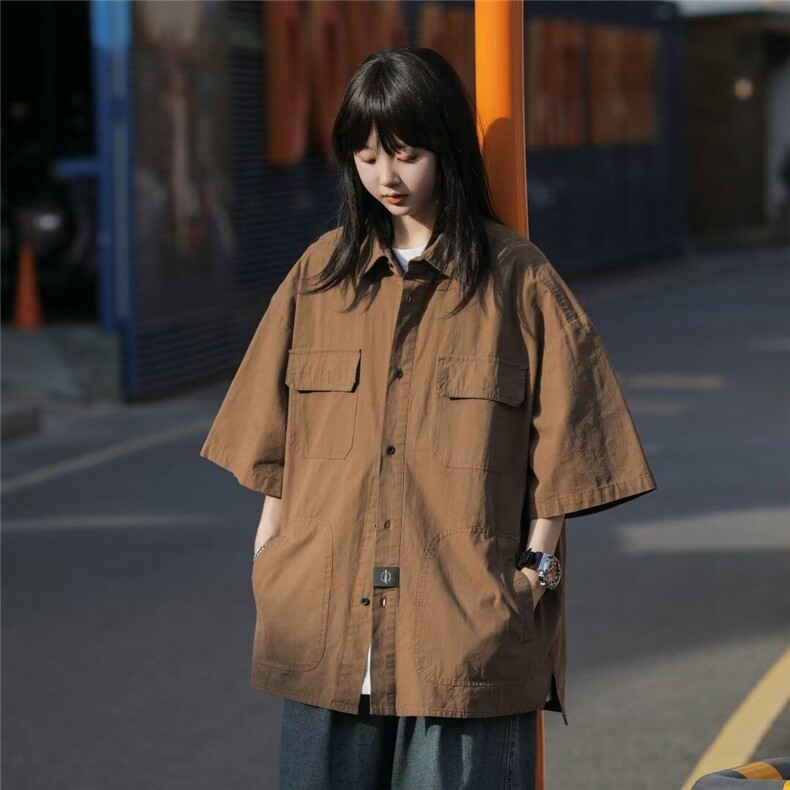 2025夏季工装衬衫男女短袖韩版潮流贴标个性ins宽松外套CY349-P38图片