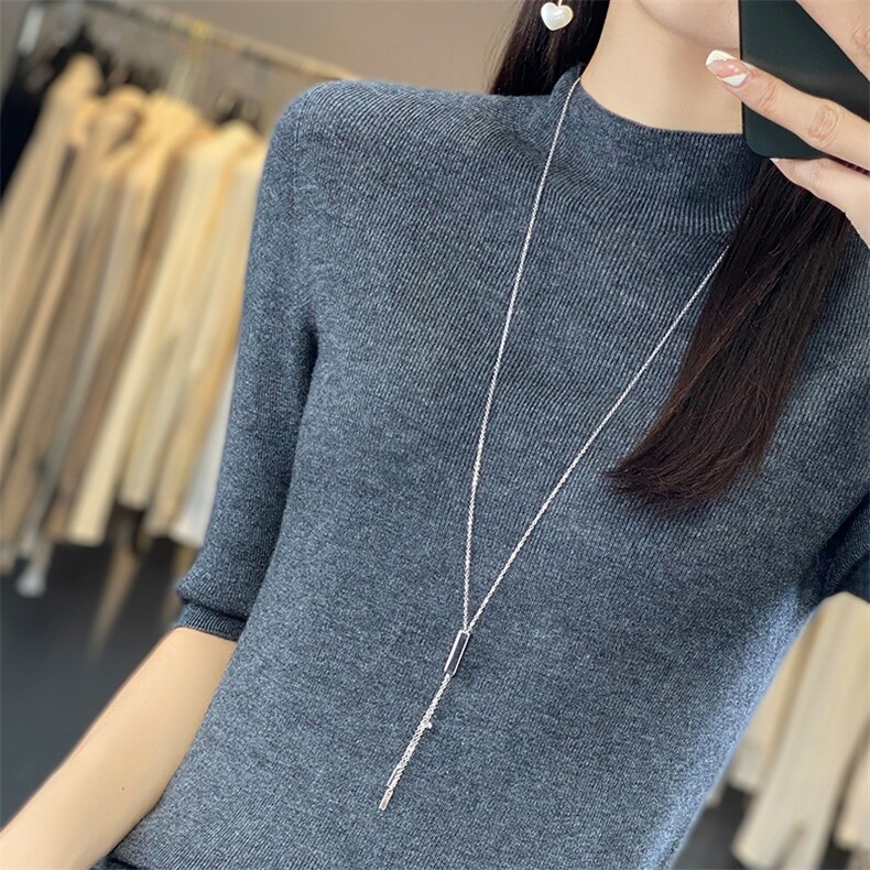 无缝半高领五分袖针织打底衫女T恤2025春秋新款精仿细毛半袖毛衣,针织衫/毛衣,暖烁特种纱工厂店