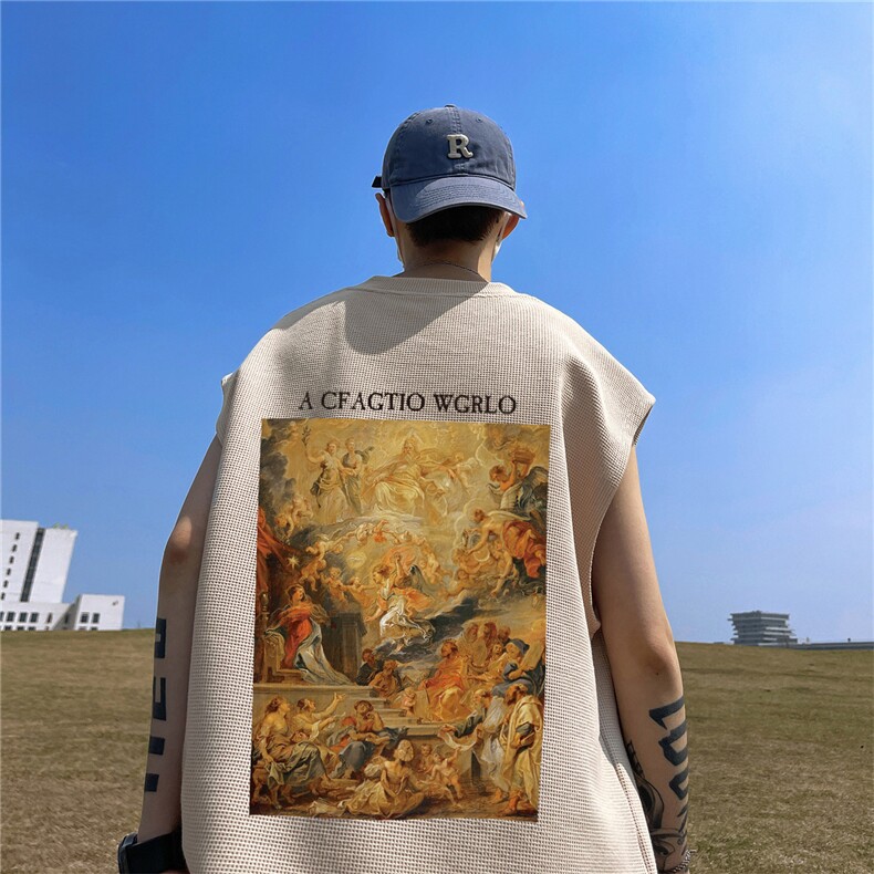 华夫格背心直播高品质重磅220克复古圣母印花HB761-P25控38，男装背心/马甲，星座508（原C305）