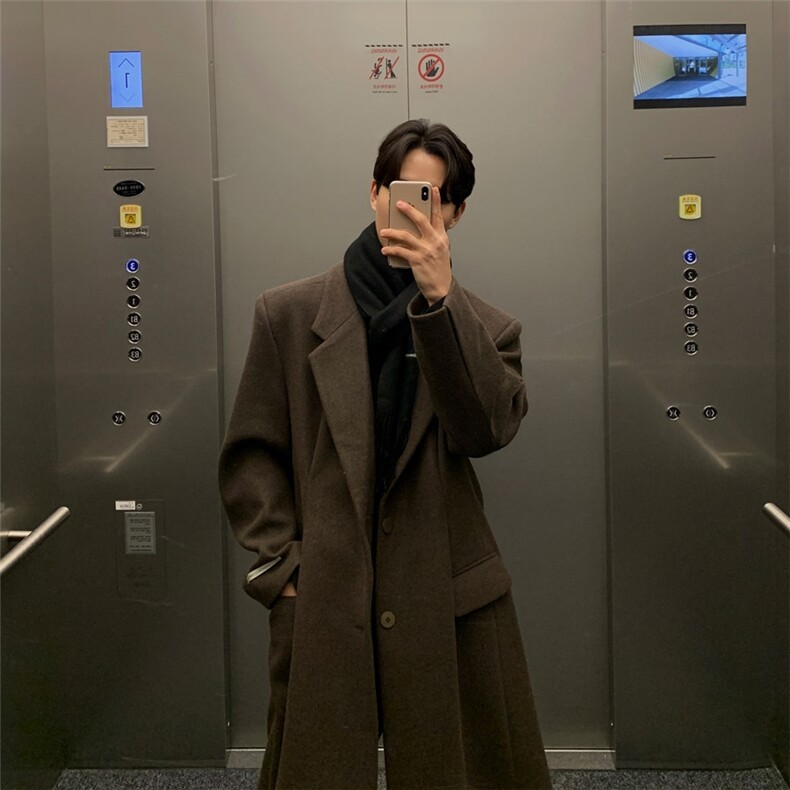 秋冬韩版高级感毛呢大衣男中长款垫肩过膝宽松英伦风呢子风衣外套，男装风衣，星座710