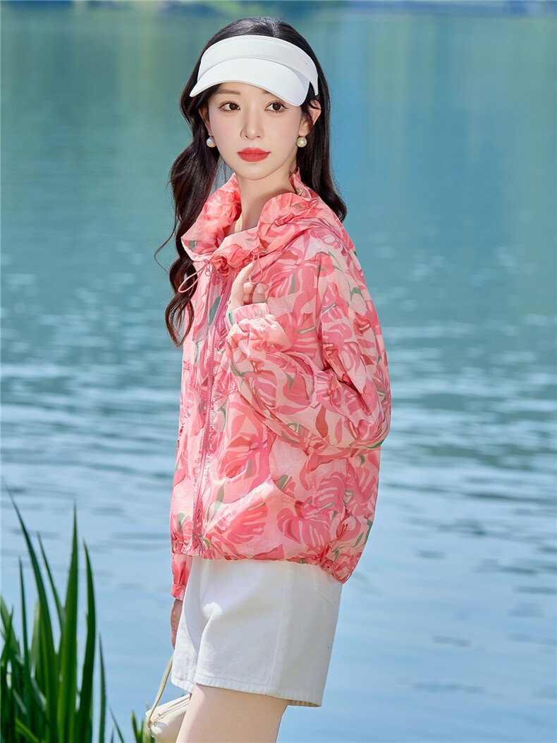 连帽防晒衣女短款2026年夏季新款冰丝薄款时尚印花透气防晒服外套,女装防晒衣,梦懿尔