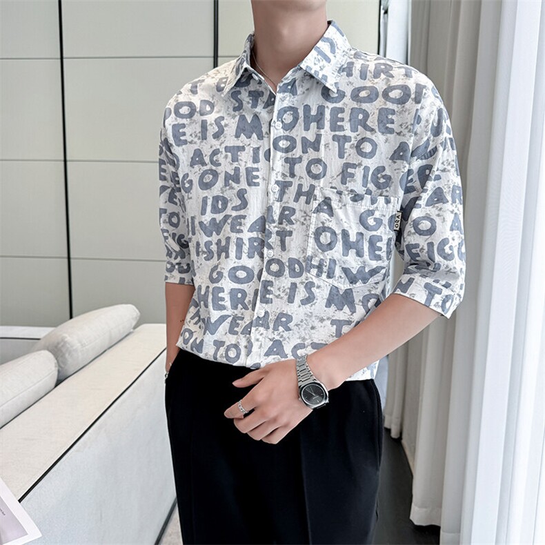 2025春季新款衬衫男士夏季七分袖衬衫印花棉质上衣男901-C39P58,男装衬衫,星座901