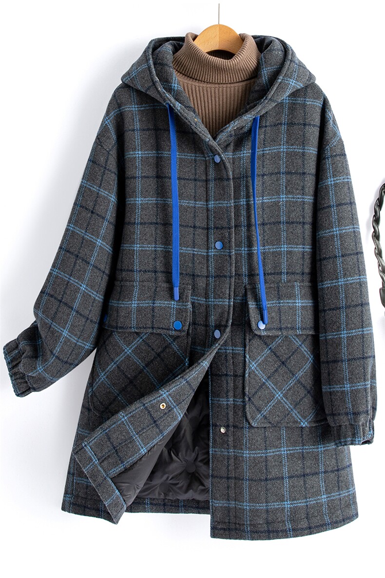 水衣源860款中长连帽格子毛呢加厚羽绒服（帽不可拆）（90绒）,女装羽绒服,水衣源