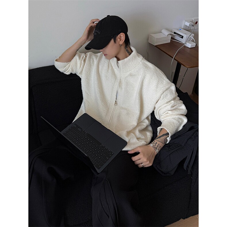 拉链设计开衫新潮日系休闲上衣宽松廓形软糯感毛绒外套HY863TP60,男装针织衫/毛衣,电商A102B