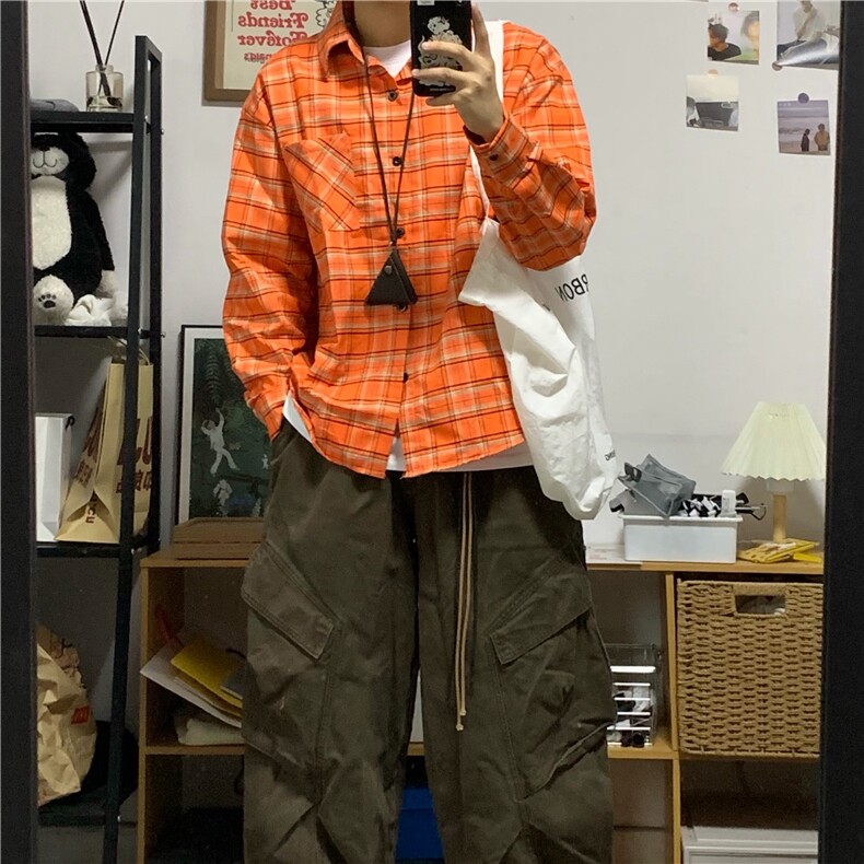 复古格纹设计感长袖衬衫男女小众宽松休闲口袋设计感橘色衬衣外套,男装衬衫,星座1013