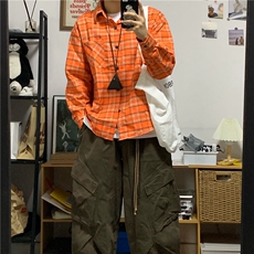 复古格纹设计感长袖衬衫男女小众宽松休闲口袋设计感橘色衬衣外套，男装衬衫，星座1013