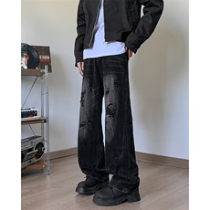 破洞弯刀牛仔裤男秋季美式高街vibe裤子修身微喇裤NZ16，男装牛仔裤，星座1116A-1（原606A）