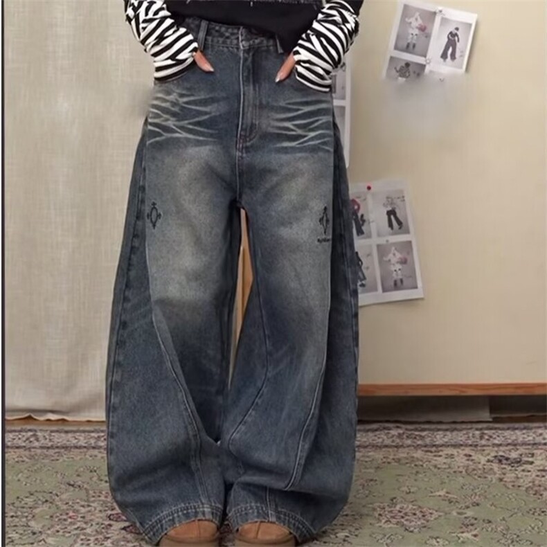 美式高街设计感水洗廊形弯刀裤男女情侣2024秋冬新款慵懒风拖地裤,男装牛仔裤,星座506A