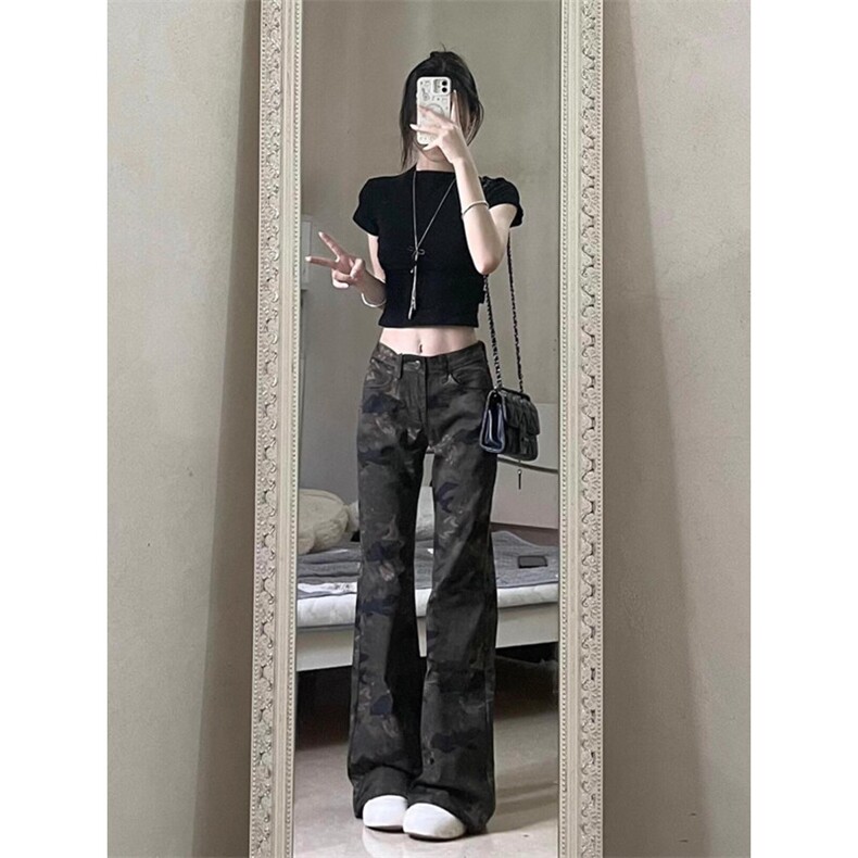 美式复古迷彩工装微喇牛仔裤女喇叭裤拖地裤子KZ144-P45,男装牛仔裤,星座308B-2