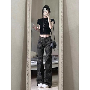 美式复古迷彩工装微喇牛仔裤女喇叭裤拖地裤子KZ144-P45图片