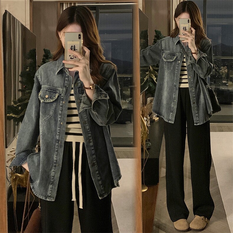 牛仔衬衫外套女流苏毛边上衣春秋新款复古休闲衬衣潮 C631-88图片