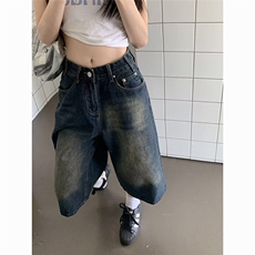 2025夏季新款阔腿牛仔裤女复古水洗做旧直筒牛仔中短裤热裤潮，女装牛仔裤，星座506A