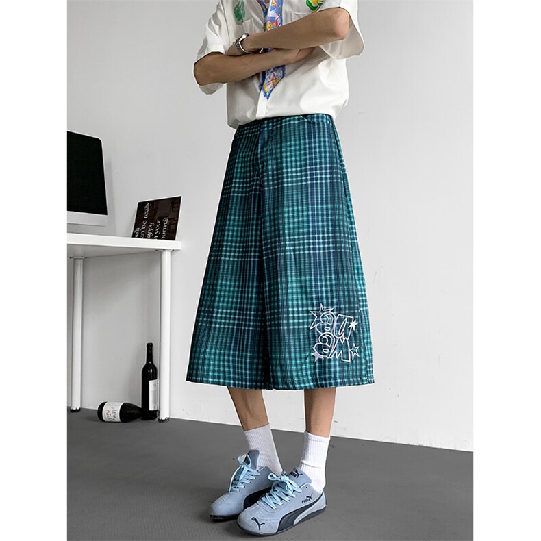 复古格子刺绣七分裤男女夏季潮ins美式街头情侣阔腿裤D0151-P35,男装牛仔裤,星座308B-1
