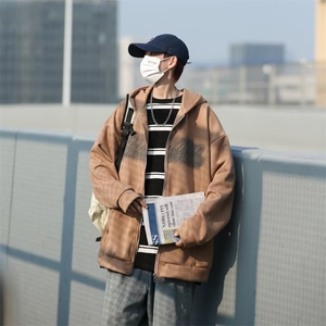 秋季拉链连帽夹克开衫上衣男麂皮绒美式复古卫衣外套 W6084-P57图片