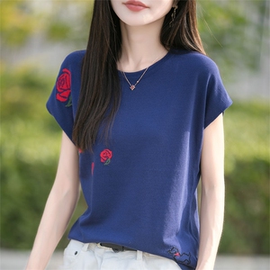 2025夏季新款圆领玫瑰提花短袖女莱塞尔天丝宽松洋气百搭薄款针织图片