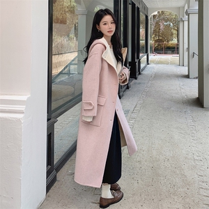 韩系甜美连帽双面羊毛大衣女2025秋冬季新款显瘦保暖长款呢子外套图片