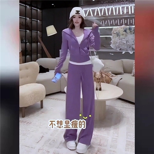 休闲时尚减龄套装女春季新款宽松显瘦纯色连帽卫衣阔腿长裤两件套图片