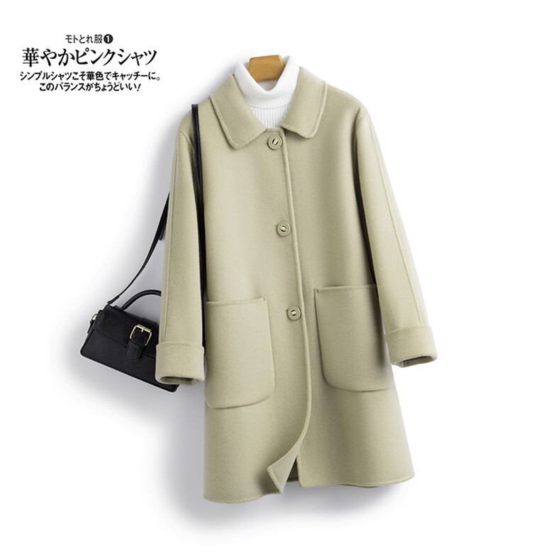 高端双面羊绒大衣女中长款2024冬季新款休闲娃娃领单排扣毛呢外套，女装双面呢大衣，温鑫双面呢