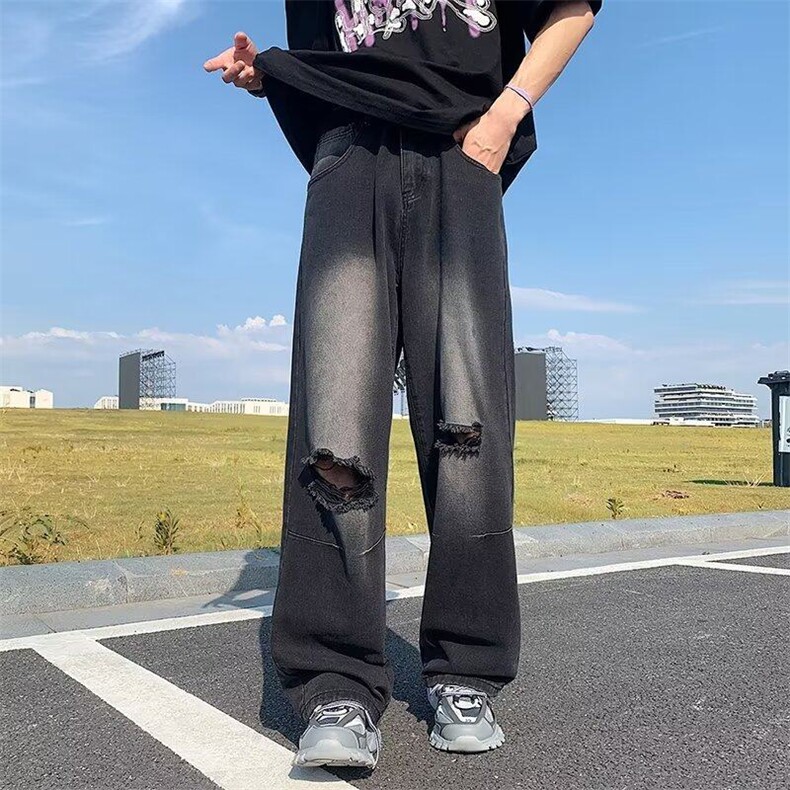 2025秋复古破洞牛仔裤男宽松嘻哈街头高街百搭阔腿长裤NZ091-P50,男装牛仔裤,星座1103-2