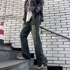 美式高街牛仔裤男韩版潮口袋裤脚开衩2024秋冬ins长裤RK1172-P51，男装牛仔裤，星座412-2