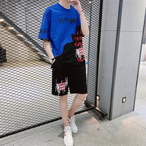 2024夏季新款短袖T恤套装青少年休闲宽松潮流两件套男装F48P58图片
