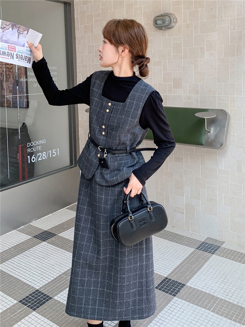 现货-2025年秋季新款法式马甲配中长款半身裙三件套套装女,女装套装/套裙,霓裳依族