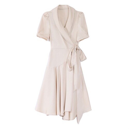 2023年夏季韩版通勤钉珠翻领中长款连衣裙，女装连衣裙，时尚俏佳人